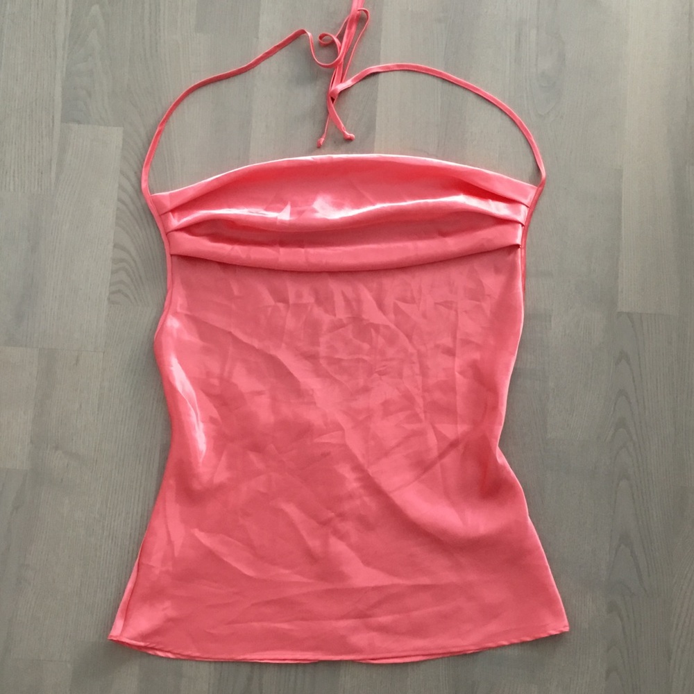 La Vie En Rose Pink / Pink Salmon Backless Halter Silky Satin Sleeping  Tank Top